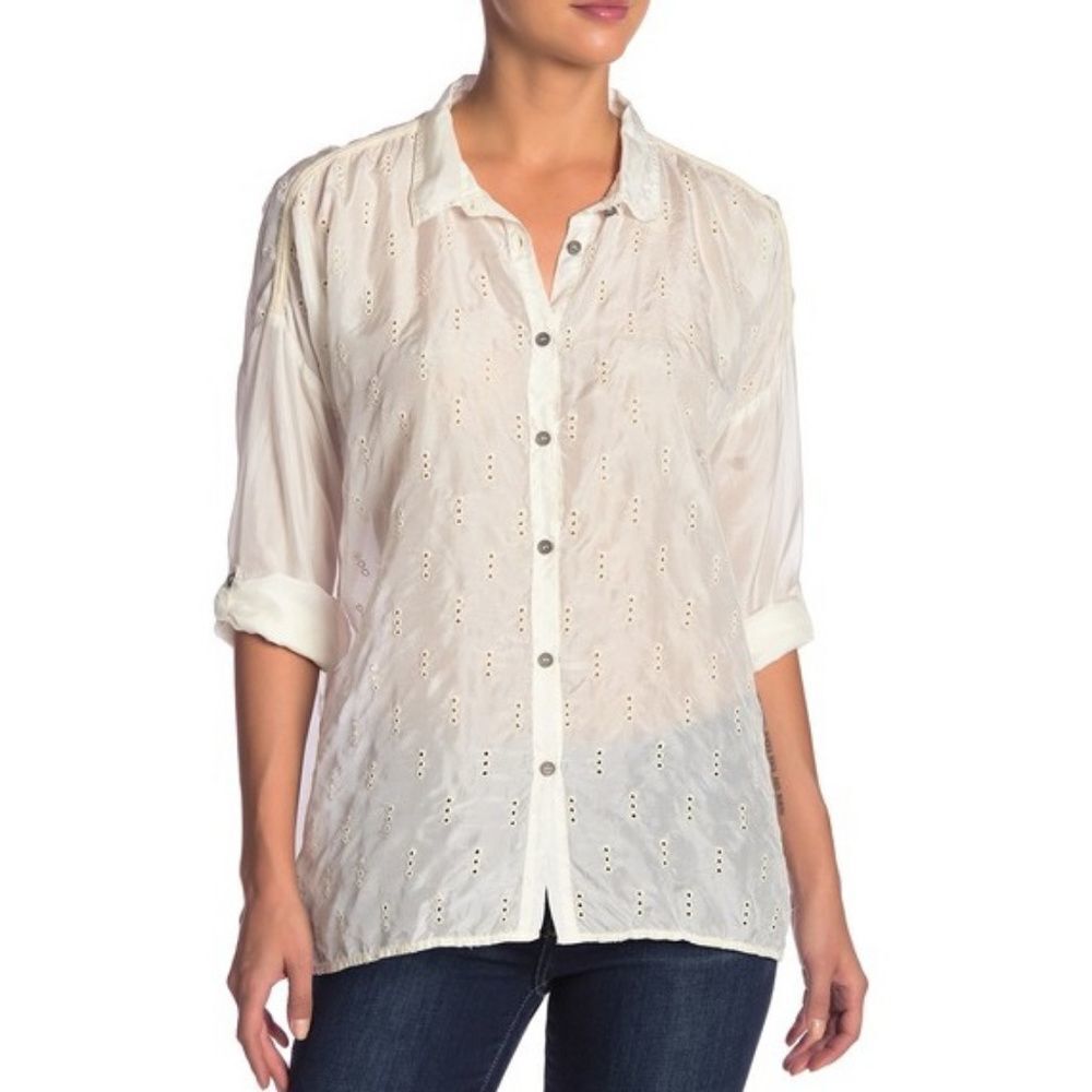 Johnny Was Eyelet Silk Long Sleeve Blouse